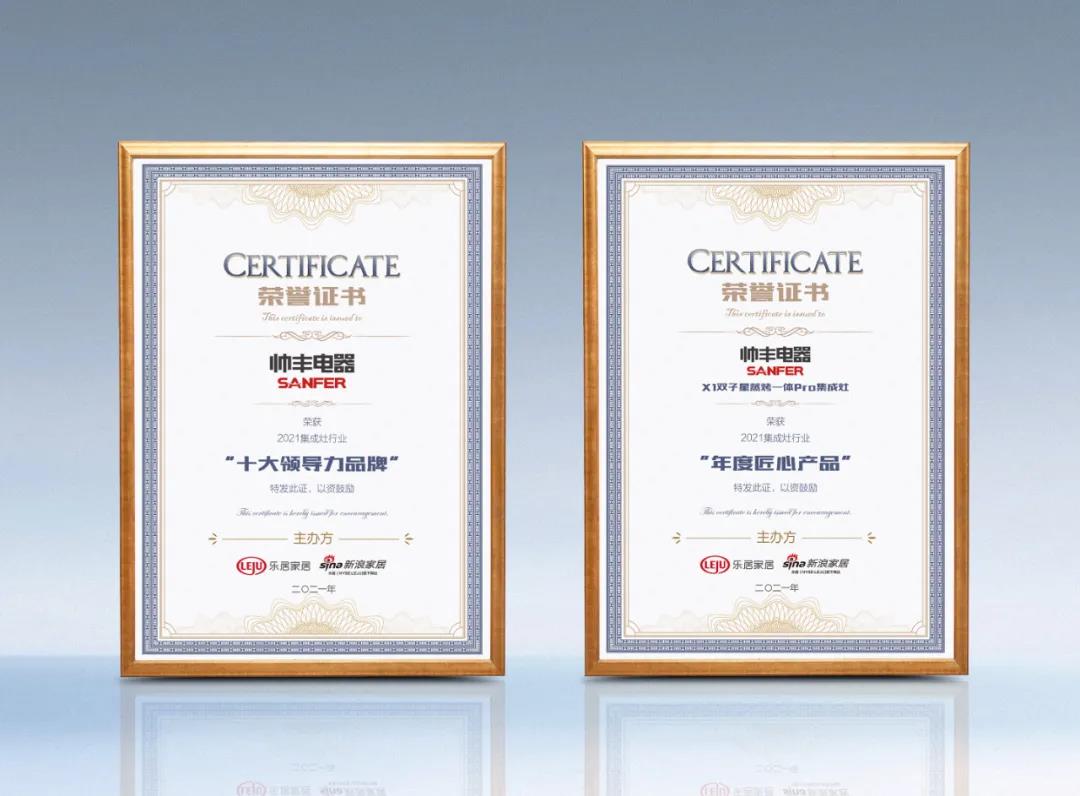 喜報！帥豐榮獲新浪家居2021集成灶行業(yè)“十大領(lǐng)導(dǎo)力品牌”和“年度匠心產(chǎn)品”雙獎殊榮