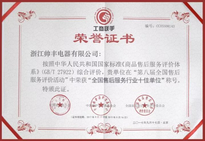 又一榮譽(yù)！帥豐獲售后服務(wù)五星級(jí)認(rèn)證證書(shū)