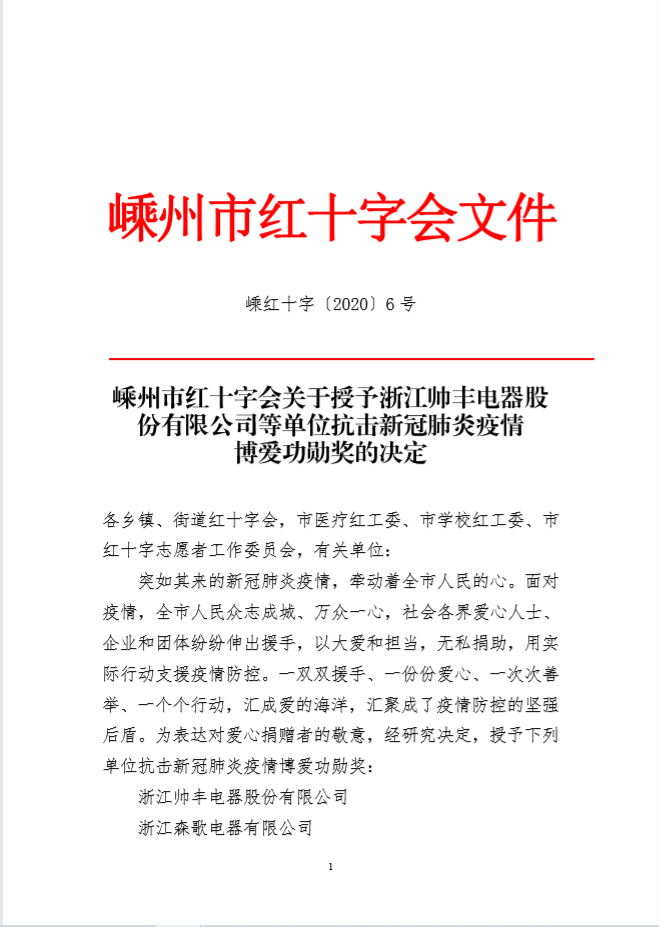 企業(yè)新聞 | 抗擊疫情貢獻(xiàn)突出，帥豐被授予博愛功勛獎